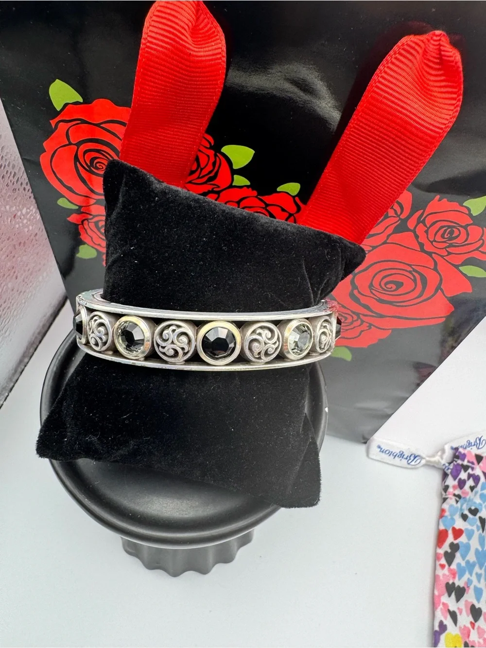 Brighton Ornate Bangle Bracelet with Black and Smoky Grey Crystal Accents